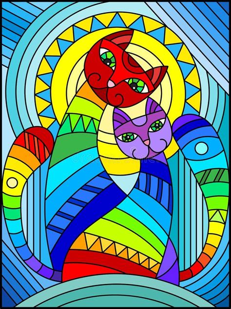 Stained Glass Illustration With A Pair Of Abstract Geometric Rainbow Cats On A Blue Background