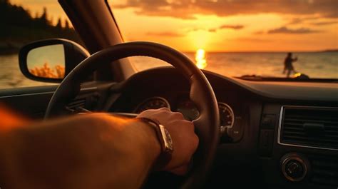 Premium Photo | Car driving on sunset road driving on sunset travel and adventure concept