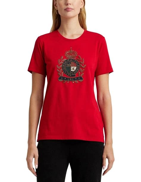 Lauren Ralph Lauren Beaded Crest Cotton Blend Jersey Tee In Red Myer