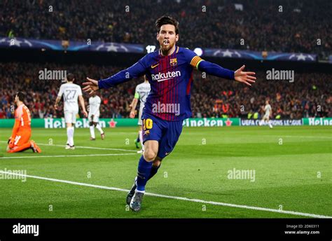 Barcelonas Lionel Messi Celebrates Scoring His Sides Third Goal Of