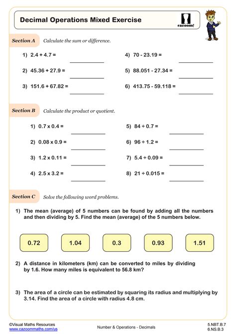 Decimal Operations Mixed Practice Worksheet Pdf Printable Number And Operations Worksheet