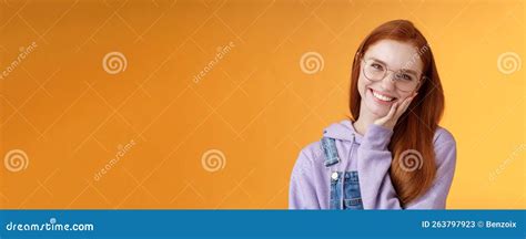 Smiling Satisfied Happy Redhead Girl Get Rid Acne Delighted Touching Soft Clean Skin Laughing