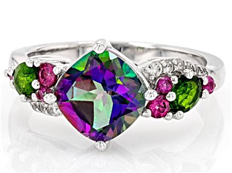 Mystic Fire Green Topaz Rhodium Over Sterling Silver Ring Ctw