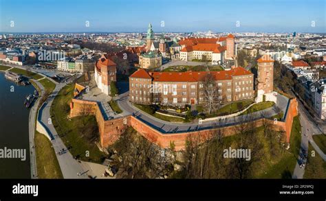 Krakow Poland Wawel Castle With Cathedral Aerial Panorama In Sunset