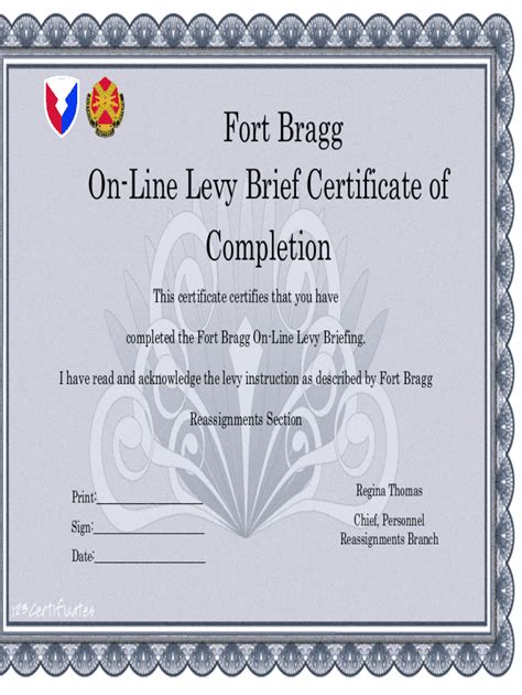 Fillable Online Fort Bragg On Line Levy Brief Certificate Of Completion