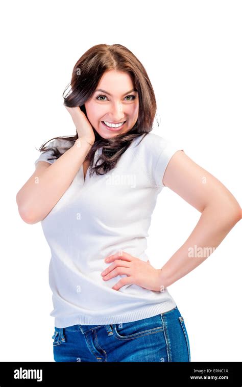 Pretty Attractive Brunette In A White T Shirt Isolated Stock Photo Alamy