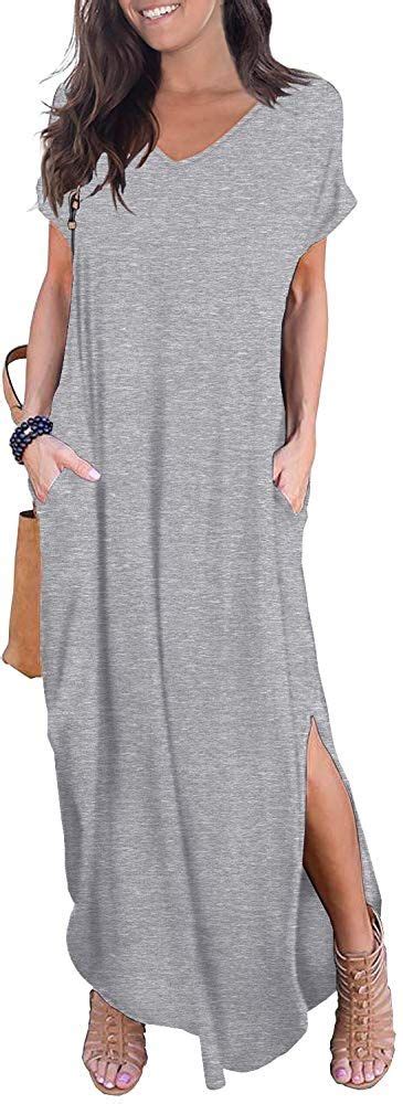 Grecerelle Womens Casual Loose Pocket Long Dress Short Sleeve Split