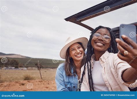 Happy Friends And Selfie With Women On Road Trip For Travel Freedom