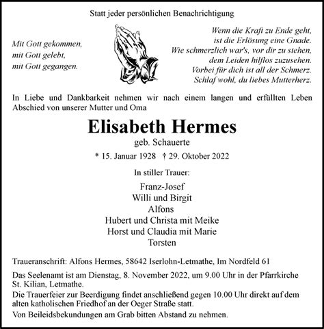 Traueranzeigen Von Elisabeth Hermes Trauer In Nrw De