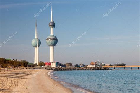 Arabian Gulf beach and the Kuwait Towers in Kuwait City, Middle East ...