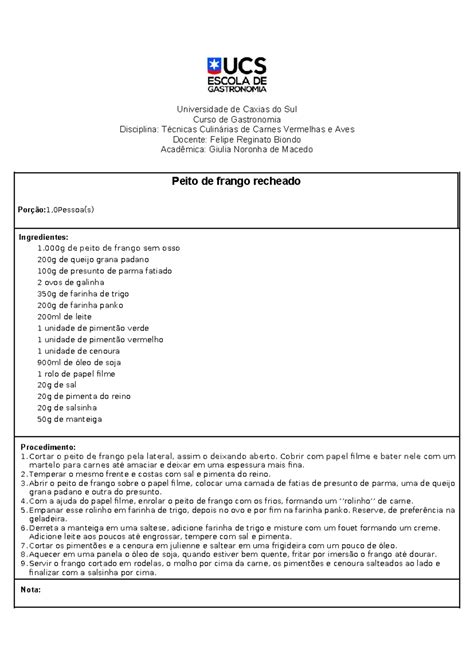 Ficha técnica frango Giulia - Universidade de Caxias do Sul Curso de