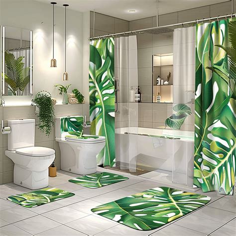 Monstera Leaf Tropical Rainforest Shower Curtain Set Green Jungle