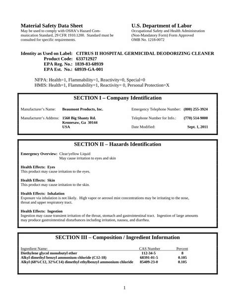 Pdf Material Safety Data Sheet Unimed Msds Msds Citrusiigermicidalcleaner