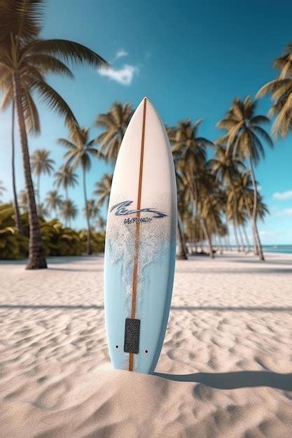 Prancha de surf em pé presa na areia e deitada na palmeira na praia