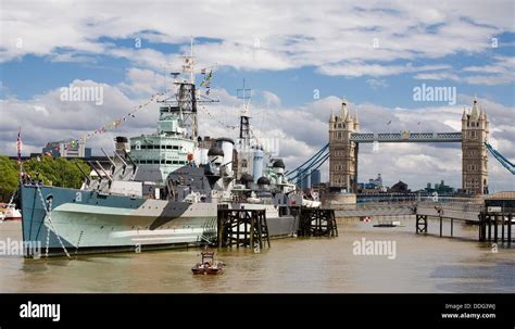 Hms Belfast Warship Museum Ship On River Thames With Tower Bridge In