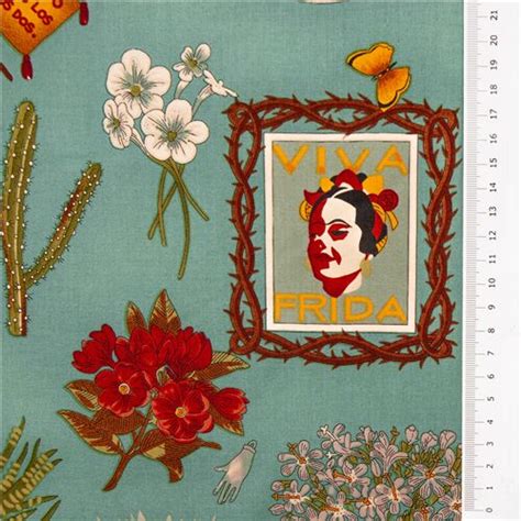 Turquoise Blue Viva Frida Fabric By Alexander Henry Mexico Flower Heart