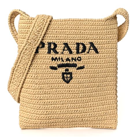 PRADA Yarn Raffia Effect Crochet Embroidered Logo Tote Messenger Bag