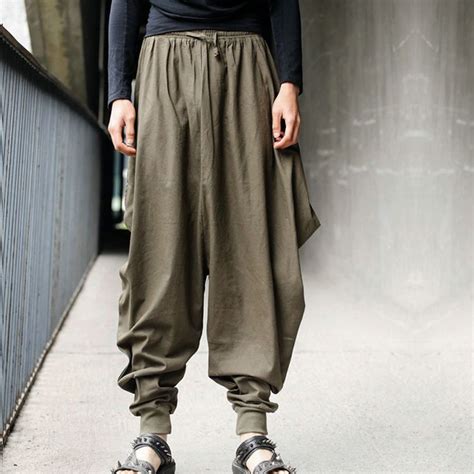 Mens Japanese Samurai Style Boho Casual Loose Fit Harem Baggy Hakama Linen Pants Harem Pants