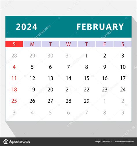 Şubat 2024 Takvim Şablonu Vektör Tasarımı Stok Vektörü © syaddachannel ...