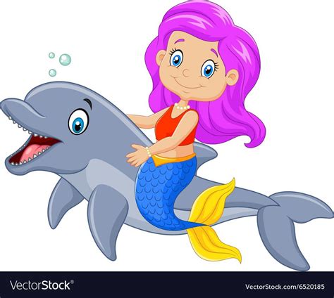 Illustration Of Cartoon Funny Mermaid Swimming With Friendly Dolphin Download A Free Preview Or