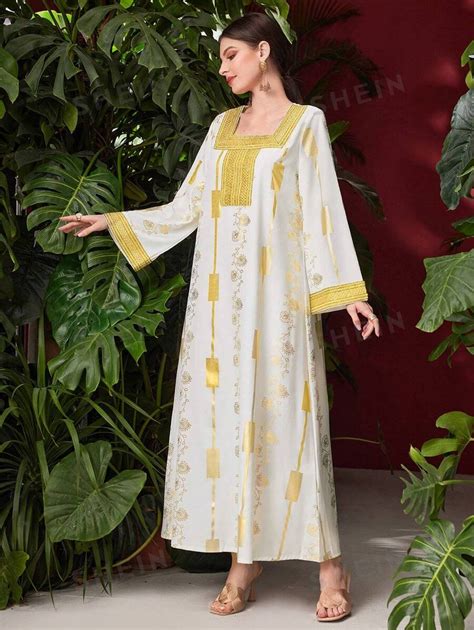 Shein Najma Women S Arabic Style Jalabiya Dress With Gold Foil