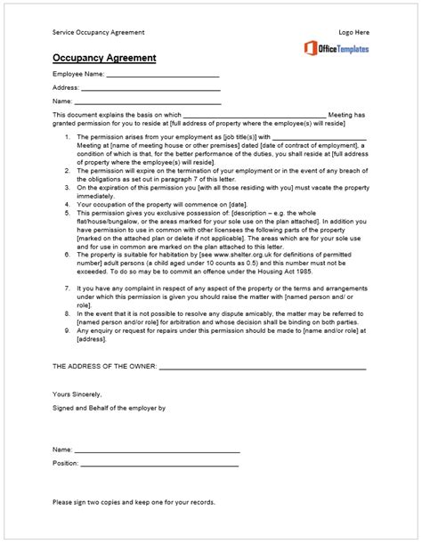 Occupancy Agreement Templates Office Templates