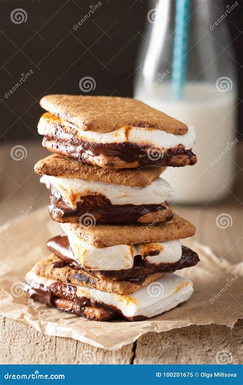 Homemade Marshmallow S`mores With Chocolate On Crackers Stock Image Image Of Confectionery