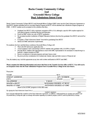 Fillable Online Bucks Dual Admission Intent Form Bucks County