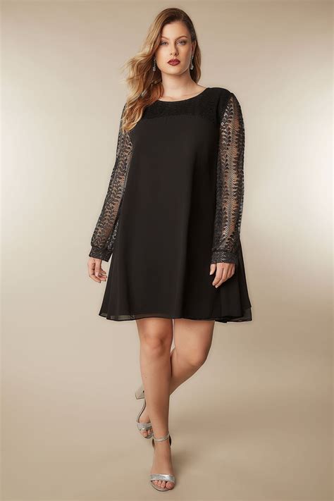 Blue Vanilla Curve Black Chiffon Tunic Dress With Lace Yoke And Sleeves