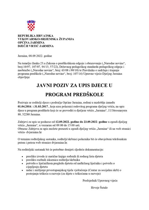 DJEČJI VRTIĆ JARMINA objavio Javni poziv za upis djece u program