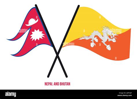 Nepal And Bhutan Flags Crossed And Waving Flat Style Official