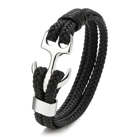 Pulsera De Acero De Titanio Para Hombre Brazalete De Cuero Negro