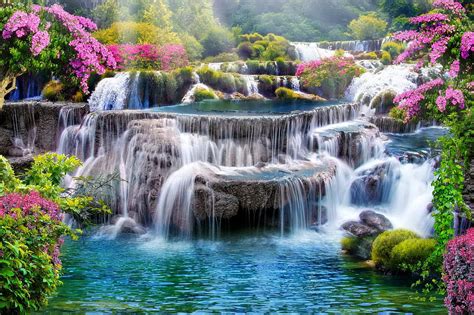 Spring Waterfall Cascades Waterfall Beautiful Flowers Spring Hd