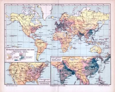 Bevölkerungsdichtigkeit der Erde Landkarte ca 1893 Original der Zeit