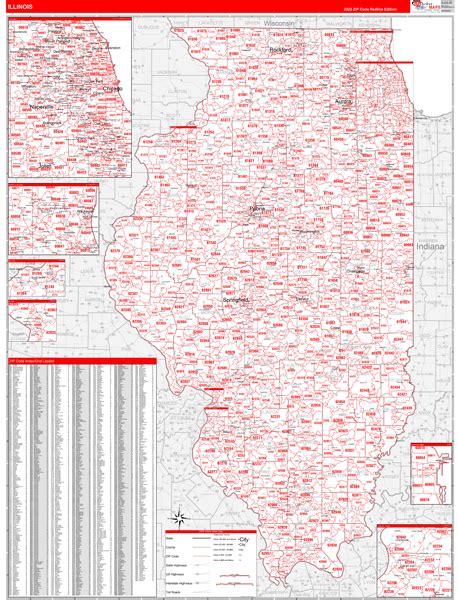 Illinois Zip Code Wall Map Red Line Style by MarketMAPS - MapSales