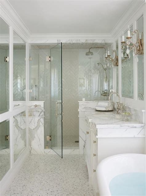 Glass Walk In Shower With White Chevron Tiles Transitional Bathroom