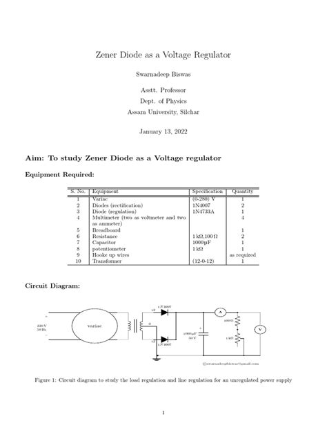 Characterizing the Performance of a Zener Diode Voltage Regulator through Line and Load ...