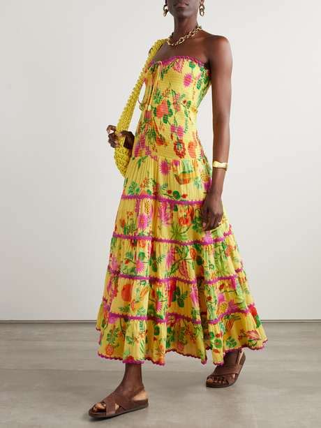 FARM RIO Delicate Fruit Garden Knit Trimmed Tiered Shirred Cotton Maxi