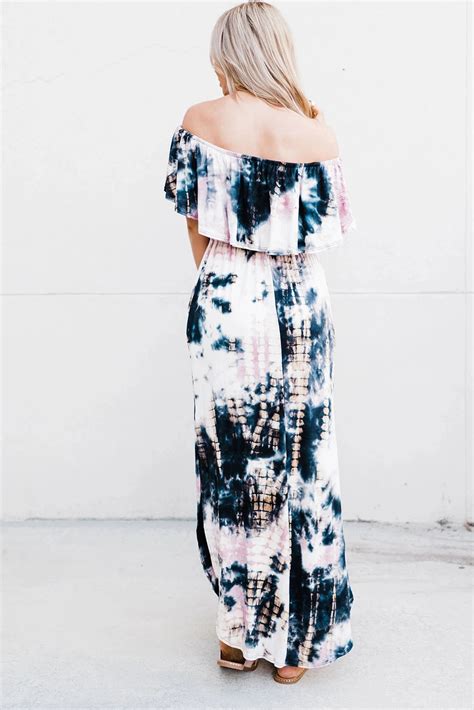 Ruffle Off Shoulder Tie Dye Maxi Dress