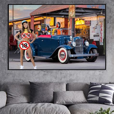 Wall Art Painting Sexy Girls Naked Woman Katya Clover And Hot Rod Car Picture Canvas Printings