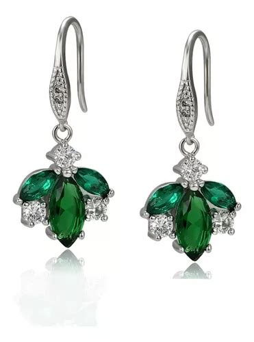 Aretes Oro 14k Blanco Lam Zirconia Verde Colgante Mujer Moda Cuotas