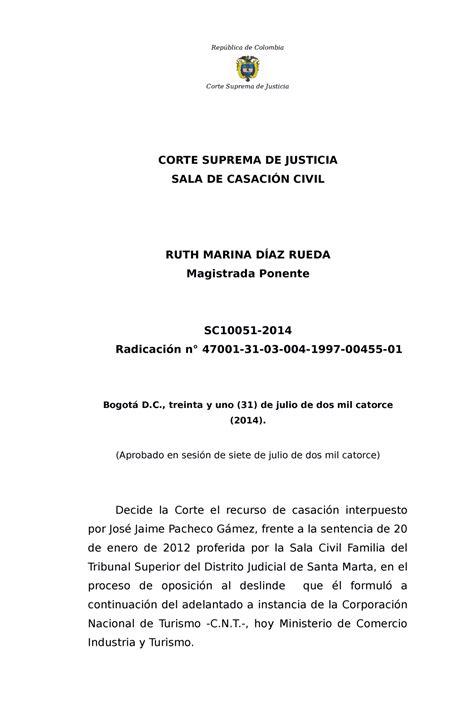 SC10051 2014 1997 00455 01 República de Colombia Corte Suprema de