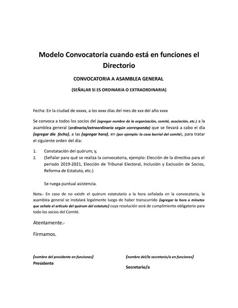 Modelos Convocatoria Modelo Convocatoria Cuando Est En Funciones El