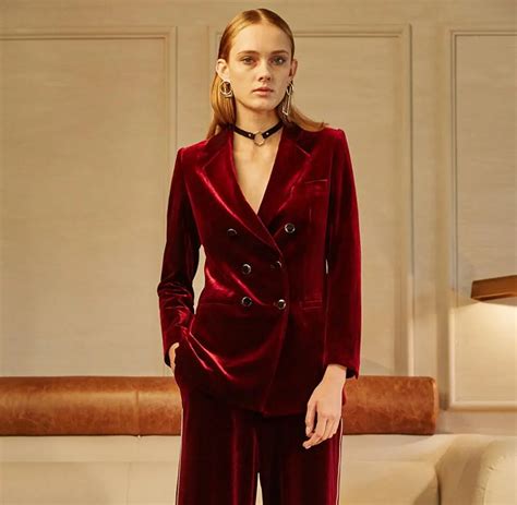 Great Quality 2018 Gold Velvet Suits Womens Fashion Slim Double Breasted Wine Red Velvet Suit