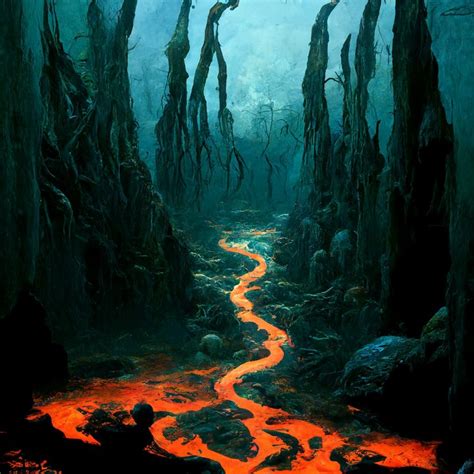 A Painting Of A River Running Through A Forest