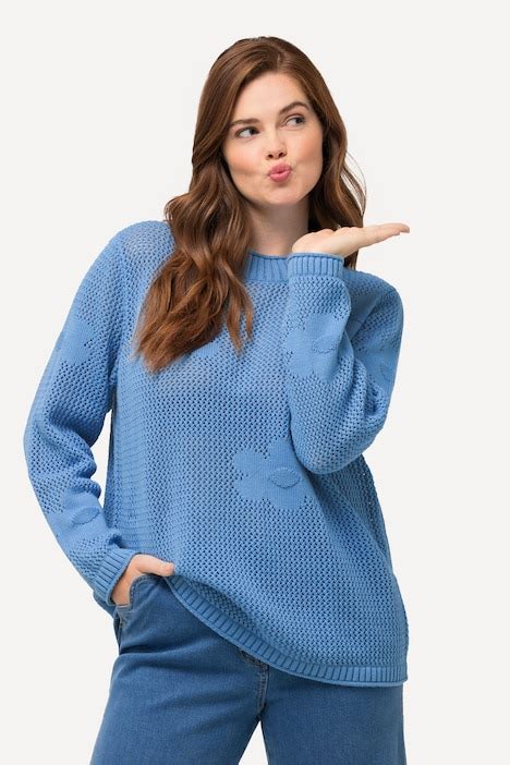 Pull maille ajourée col rond manches longues coton bio bleu moyen