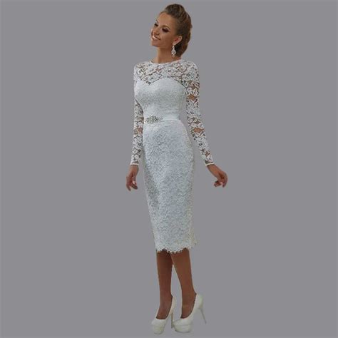 New Elegant Lace Long Sleeve Short Wedding Dress O Neck White Sheath Bridal Gowns Tea Length