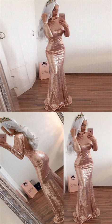 89 Gold Long Sleeve Mermaid Prom Dresses