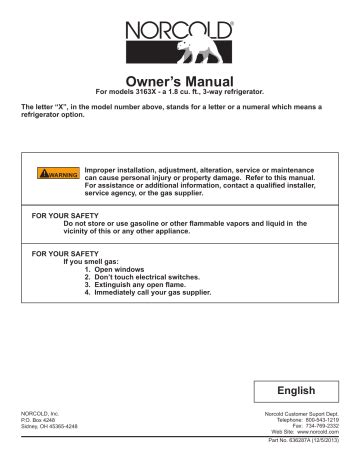 Norcold Series Large Rv Refrigerator Owner S Manual Manualzz