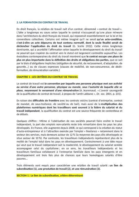 Fiche synthèse 2 LA FORMATION DU CONTRAT DE TRAVAIL En droit